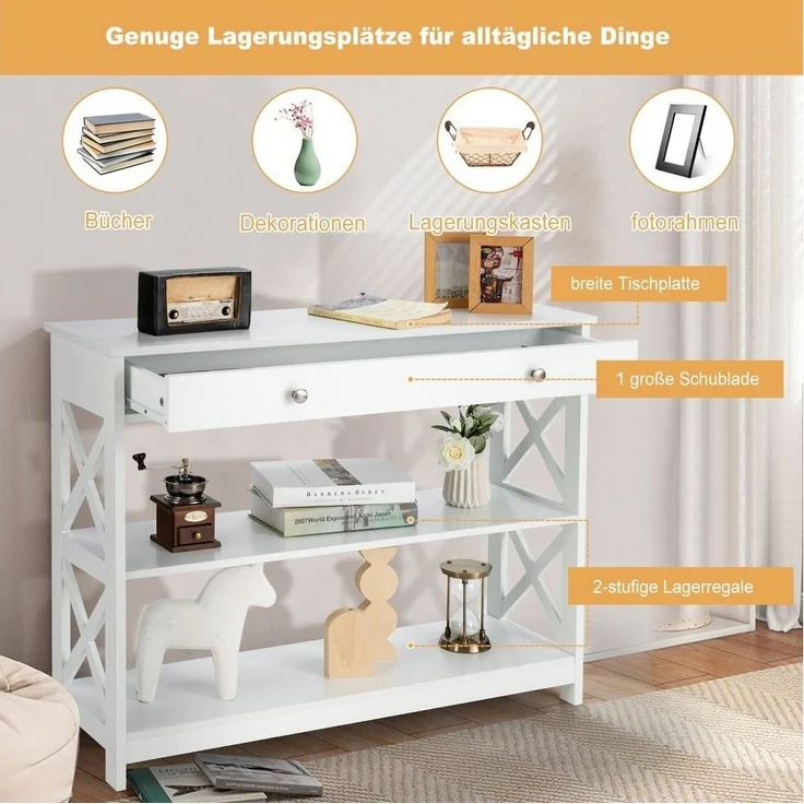 COSTWAY 3 Ebenen Konsolentisch mit Schublade, Flurtisch aus Holz, Standregal, Beistelltisch für Eingang, Wohnzimmer und Schlafzimmer, 100 x 30 x 80 cm (Weiß) – Bild 3