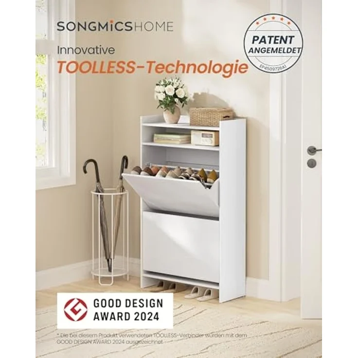SONGMICS Home Schuhschrank 2 Klappen, superschnelle werkzeuglose Montage, Toolless-Technologie, Schuhkipper schmal, Schuhaufbewahrung, Trennwand verstellbar, modern, schneeweiß LBC228WE01 – Bild 3