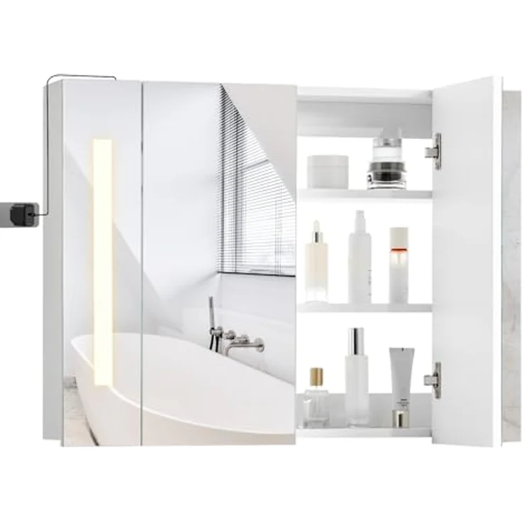 TUKAILAI LED Spiegelschrank Bad 80 x 15 x 60 cm, IP44 Wasserdicht, Stecker Stromversorgung, Moderner Badezimmerschrank mit 3 Lichtfarben, 2 Türen, 3 Verstellbaren Regalen, HD-Spiegel für Badezimmer – Bild 8