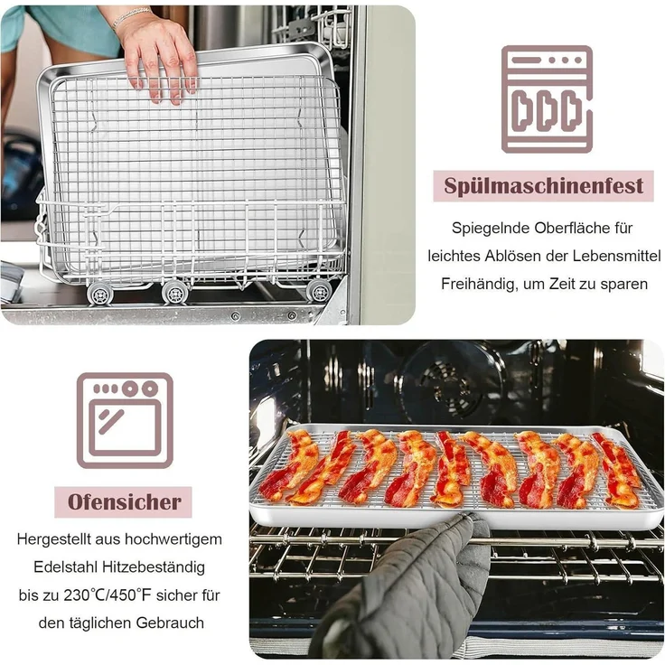 Homikit Backblech mit Abkühlgitter Edelstahl 40x30x2,5cm - Spülmaschinenfest – Bild 7
