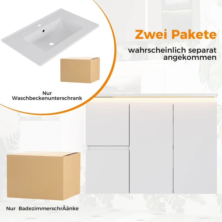 Waschtischunterschrank 76x47x57 cm, wandhängend, Weiß, mit Keramikbecken und LED-Sensorlicht – Bild 7