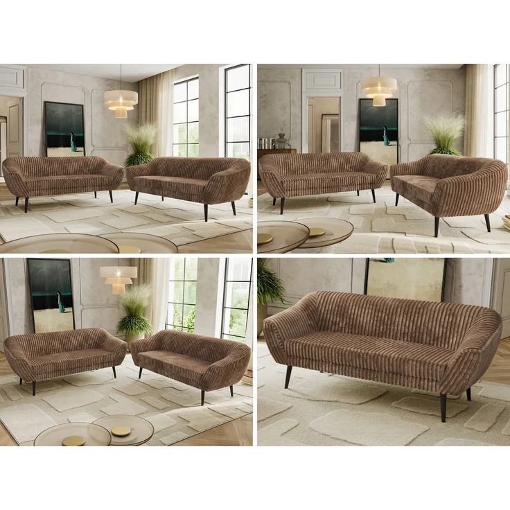 Wohnzimmerset Möbelset PIRS 3-3, Armlehnen, Wellenfederung, schwarze Füße, Dreisitzer Sofa, Polstermöbel Set - Hellgrau Velvet – Bild 2