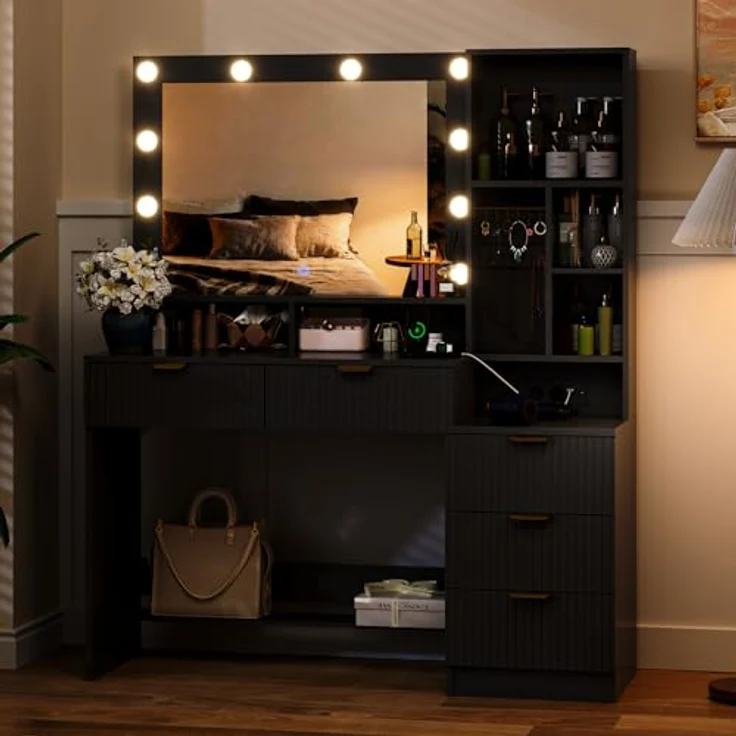 JUMMICO 114cm Großer Schminktisch mit großem Spiegel und LED-Leuchten, Schminktisch mit 5 Schubladen, 7 offene Regale, 7 Häkchen, Kosmetiktisch für Mädchen, Frauen und Schlafzimmer, Obsidianschwarz – Bild 2