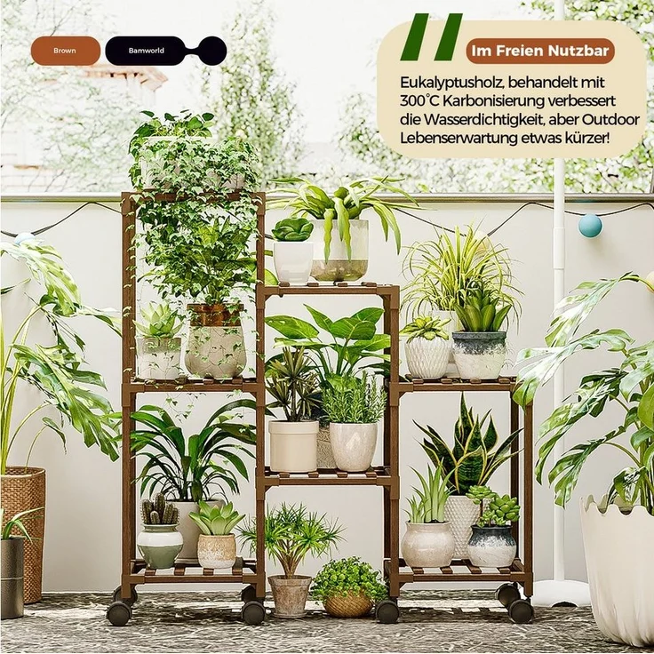 Bamworld Blumenständer Pflanzenständer Pflanzenregal für Innen und Außen mit 7 Ebenen (1 St, mit Rädern), für Terrasse, Balkon, Garten – Geschenke für Gartenliebhaber – Bild 3