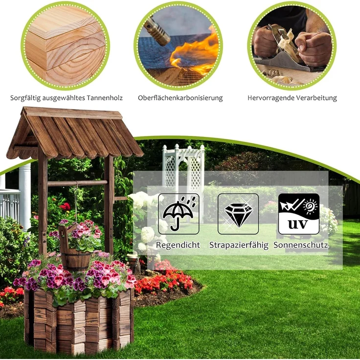 Aoxun Pflanztopf Wunschbrunnen Holz, Ziehbrunnen Pflanzenständer, Wunschbrunnen Pflanzkübel, 54x54x118cm, Dekobrunnen für Garten, Gartenbrunnen Blumenkübel,Natürlicher Holzfarbton – Bild 7