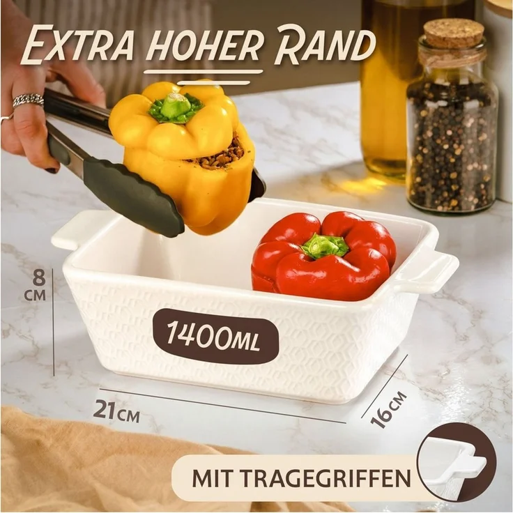 Praknu Auflaufform Auflaufform aus Keramik für 2 Personen - Für Lasagne, Tiramisu, Keramik, (1-St), Für 2 Personen Lasagne, Tiramisu & Auflauf - Hoher Rand - Eckig – Bild 3
