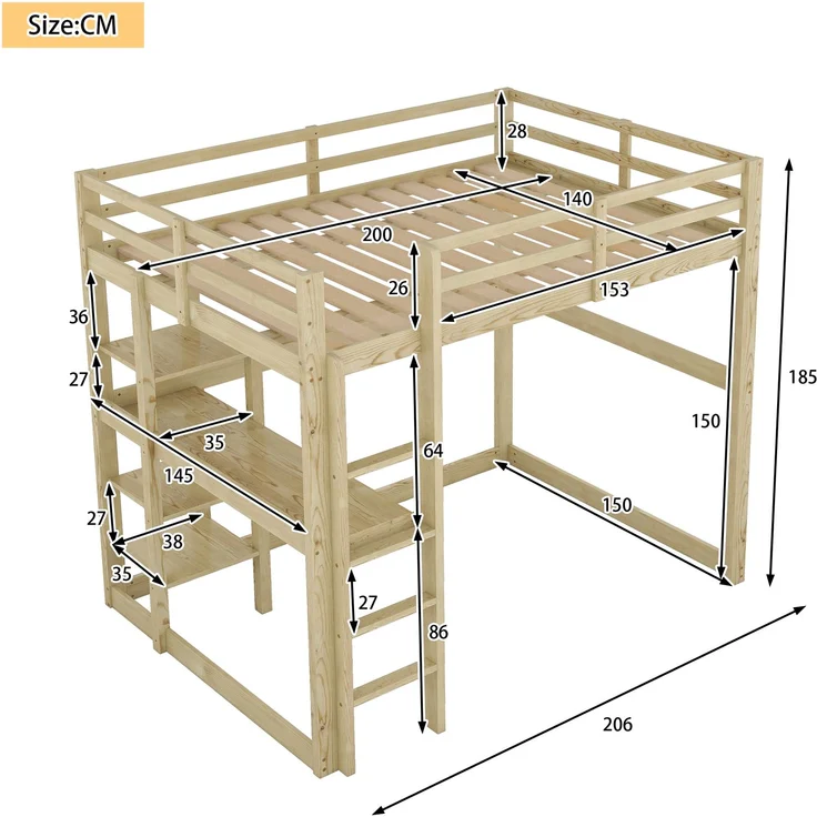 Hochbett 140x200 cm mit Schreibtisch und 4 Ablagefächern, Kinderbett Doppelbett aus massivem Kiefernholz,mit Stauraum,Natur – Bild 4