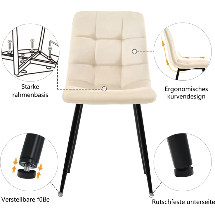Esszimmer-Set 5-teilig Rechteck Tisch 117cm×68cm,4 beige Samtstühle Metallbeine moderner Küchentisch – Bild 3