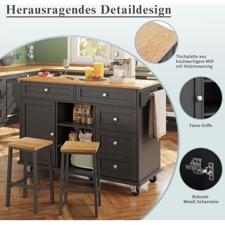 Küchenwagen Esszimmerwagen Servierwagen Schwarz mit Holzmaserung, Stauraum & Regalen, Rollwagen mit Griffen, Mobiler Beistellschrank – Bild 4