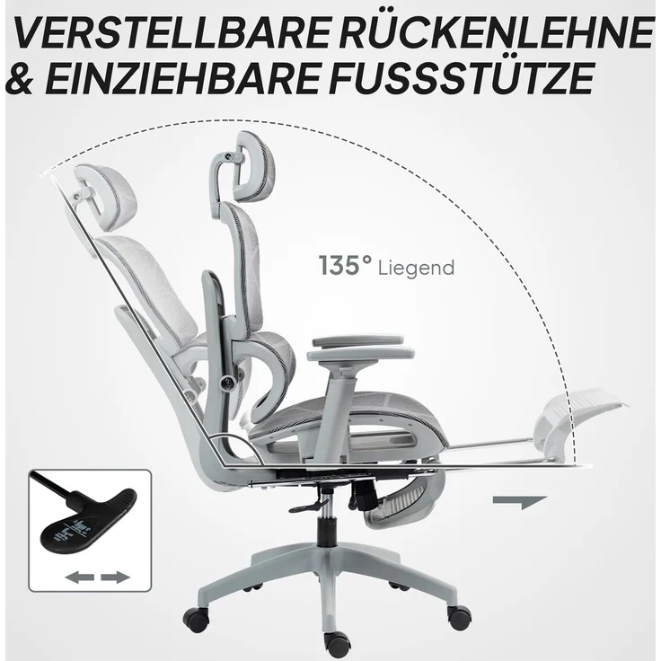 Bürostuhl, Ergonomischer Schreibtischstuhl mit Netzstoffbezug, verstellbar, rollbar, mit Armlehnen, Kopfstütze, Grau--Grau--122x64x66cm--YOUDENOVA – Bild 8