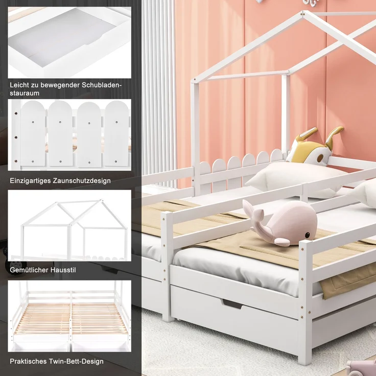 U-life Hausbett 90x200 cm, Doppelbett und Kinderbett, mit geteiltem Mittelzaun, 2 MDF-Schubladen und Sicherheitsgeländer, Kiefernholz, Weiß – Bild 5