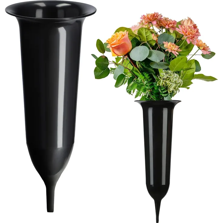 KADAX Vasenfläschchen für Friedhof, 23 cm, künstliche Blumen, getriebene Spitze, schwarzer Grabstein