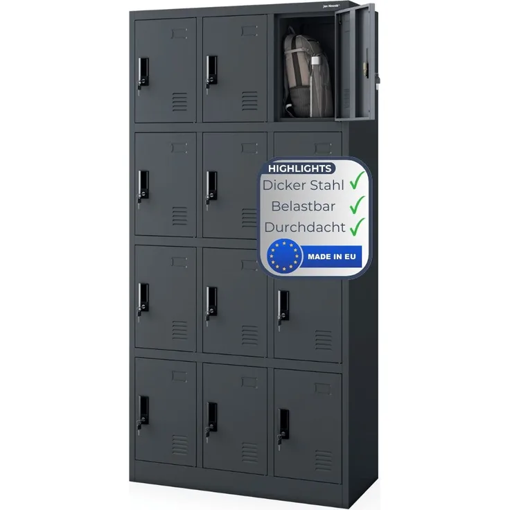 Schließfachschrank Spind BERN - 12 Fächer, Etikettenhalter Lüftungsschlitze | Wertfachschrank Umkleideschrank Metall Kleiderspind, 185x90x40cm Anthrazit