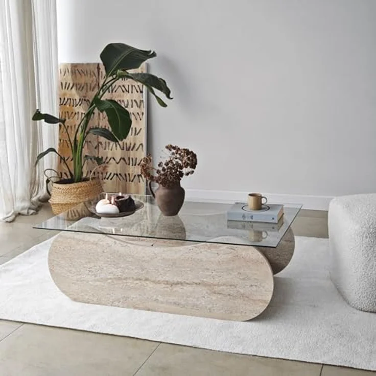 Modern Coffee Table, 105 cm Width, 35 cm Height, 65 cm Depth | 100% Tempered Glass & Melamine Coated Frame | Elegant Travertine & Transparent Design – Bild 2