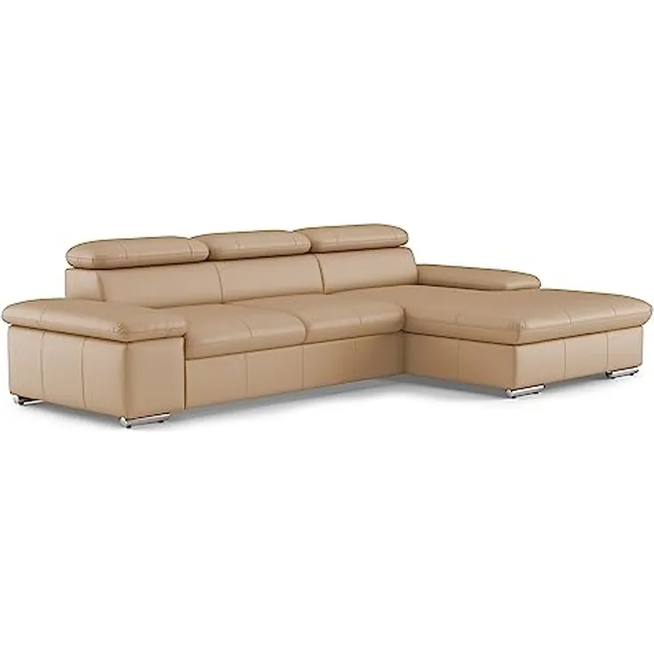 CAVADORE Leder-Schlafsofa Valerie mit XL-Longchair / Eckcouch mit Schlaffunktion, Kopfteilverstellung + großem Longchair / 286 x 73 x 174 / Echtleder Beige