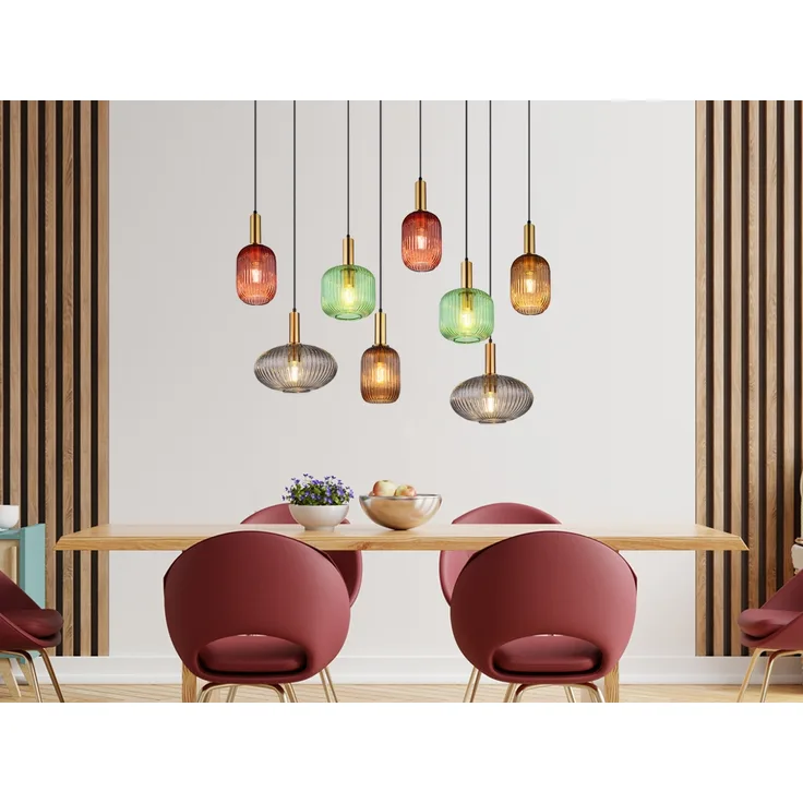 Pendelleuchte, messing, Glas mehrfarbig, H 125 cm