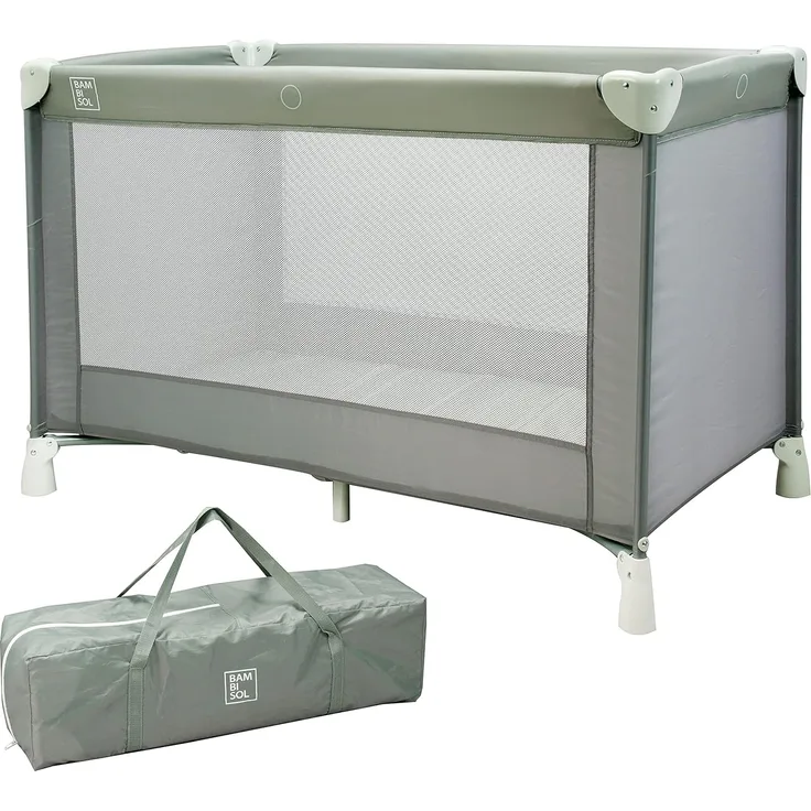 Bambisol – Kinderbett, Regenschirm, 120 x 60 cm, inklusive Matratze und Reisetasche (Grau / Grün)