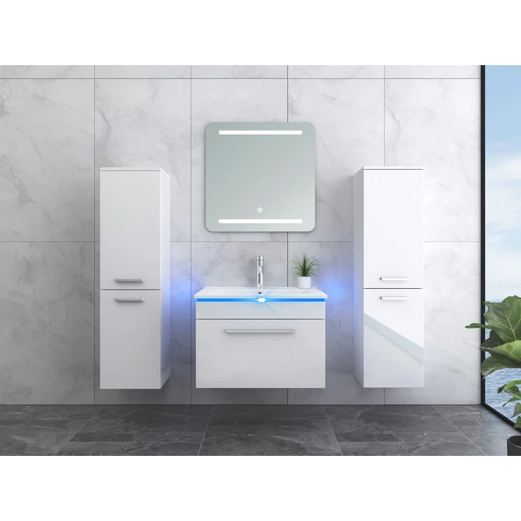 Faizee Home Badmöbelset 60 cm Hochglanz inkl. Keramik-Waschbecken, LED-Spiegel & Soft-Close – Bild 2