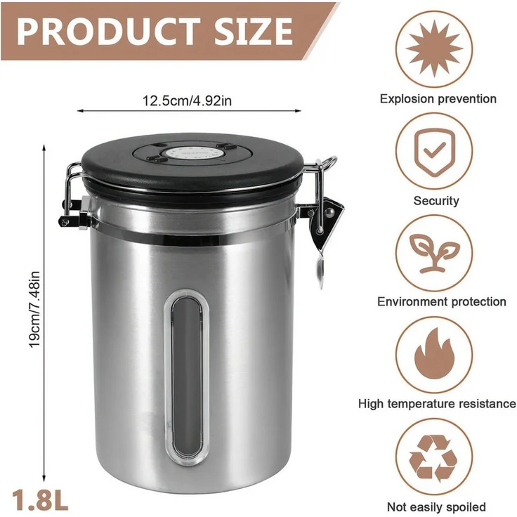 BlingBin Kaffeedose 1,8/2,8L Edelstahl Kaffeebohnen Vorratsdose,Luftdichte Kaffeebehälter, Edelstahl, (1er Set, 1-tlg, 11.8*18.6 cm), Kaffeedose mit CO2-Ventil, Messlöffel & Datumsanzeige für Nüsse Kakao – Bild 2
