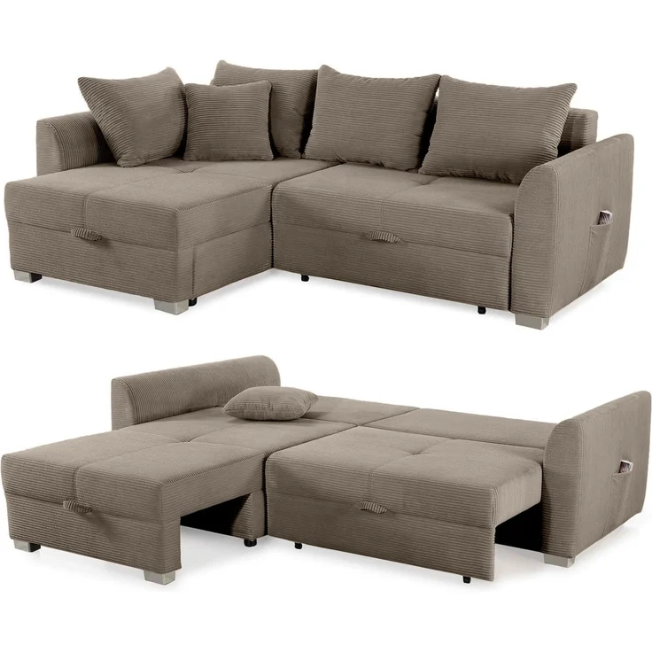 Ecksofa L-Form Couch Polsterecke Schlaffunktion Bettkasten in Cord Braun Taupe – Bild 9
