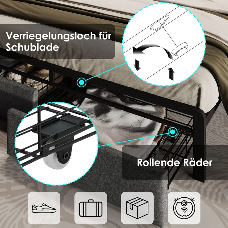 EINHOM Polsterbett mit USB Typ C Ladefunktion Stauraum-Kopfteil und LED-Beleuchtung und Schubladen, Doppelbett 140x200 Cmstauraumbetten Bettgestell mit Lattenrost aus Metallrahmen, Grau, (Ohne Matratze) – Bild 3