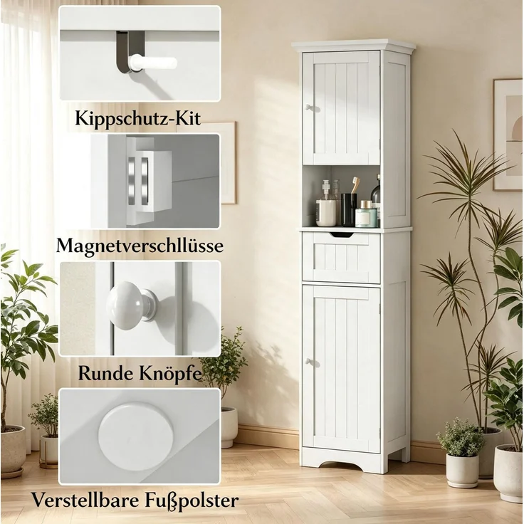 Bad-Hochschrank 40 x 30 x 170 cm mit Sensor-LED und Schublade, Weiß – Bild 2