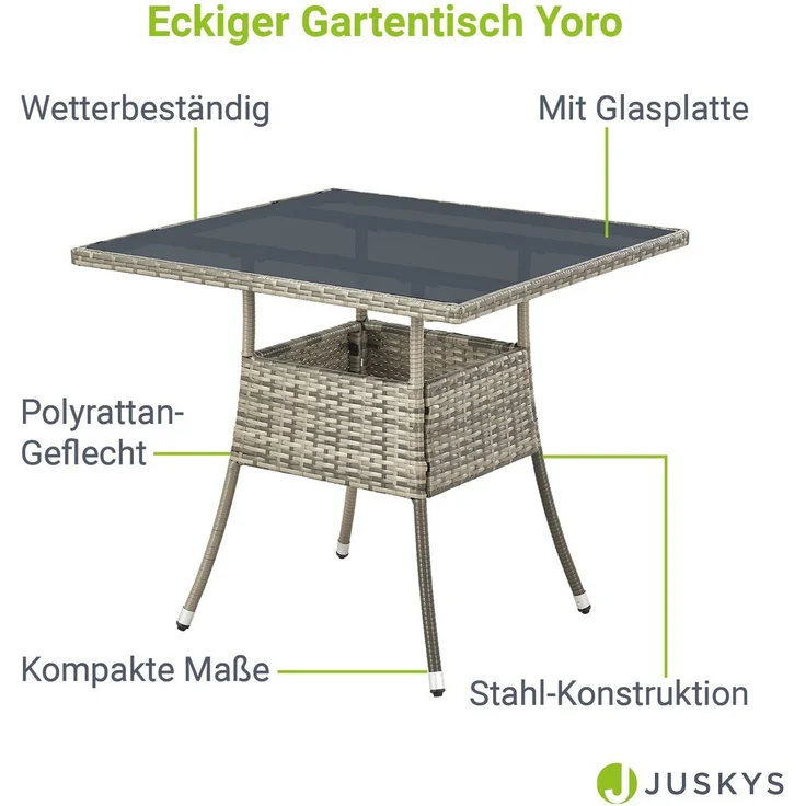 Juskys Polyrattan Gartentisch Yoro wetterfest - Balkontisch 80x80 cm eckig - Rattan Beistelltisch mit Glasplatte - kleiner Tisch für Balkon - Grau – Bild 2