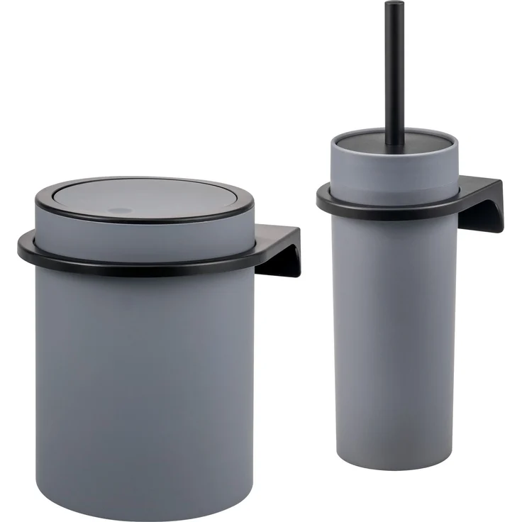 2tlg. Bad-Set SAVONA Softtouch inkl. Wandhalterung, Kosmetikeimer 5,5 Liter und WC-Garnitur, rund - grau – Bild 1