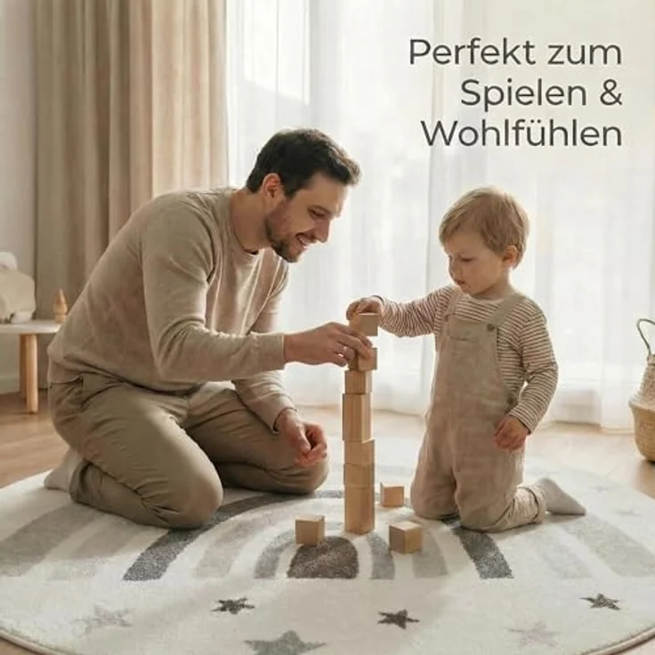 Jimri Kinderteppich DOTS l Pünktchen Gepunktet | Farbe: Beige Blau Rosa | Kinderzimmer/Jugendzimmer (Creme, Ø 150 cm Rund) – Bild 5