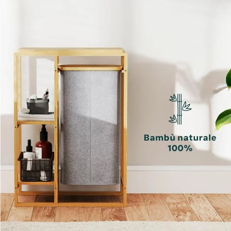 Avilia Badezimmerschrank aus Bambus mit Wäschekorb aus Stoff und 2 Einlegeböden – 50 x 30 x 70 cm – Fassungsvermögen des Korbs 15 kg, Ablagen 6 kg – Korb für schmutzige Tücher, geeignet für Bad und – Bild 9