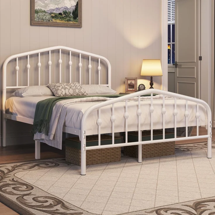 Yaheetech Bettrahmen 140 x 200 cm, Vintage Metallbett mit kronenförmigem Kopfteil, Stabiles Bettgestell Doppelbett aus Metall, Robust & Leichte Montage Gästebett Jugendbett Tagesbett, Weiß – Bild 1