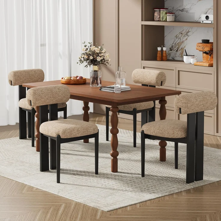 MALOL Esszimmerstühle 4er Set, Polsterstuhl Essstühle mit Holzbein, Mid-Century Modern Stoff Esstisch Stühle mit Fester Rückenlehne für Esszimmer, Küche, Restaurant, Mit schwarzen Beinen, Kamel