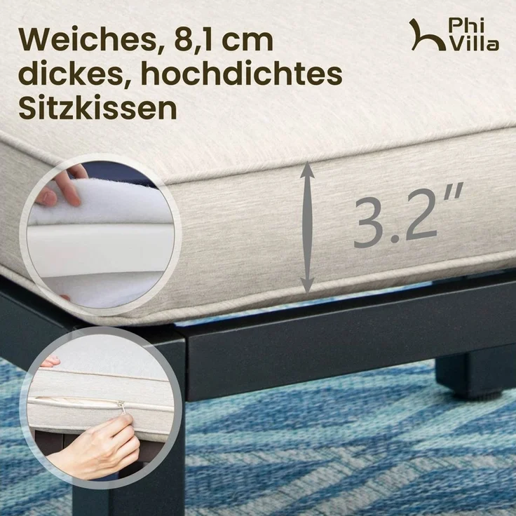 PHI VILLA Gartenlounge-Set, (Gartenmöbel Balkonmöbel mit Verstärkten Kissen und Kaffeetisch), Metall Lounge Möbel Outdoor Gartenlounge, Beige – Bild 3