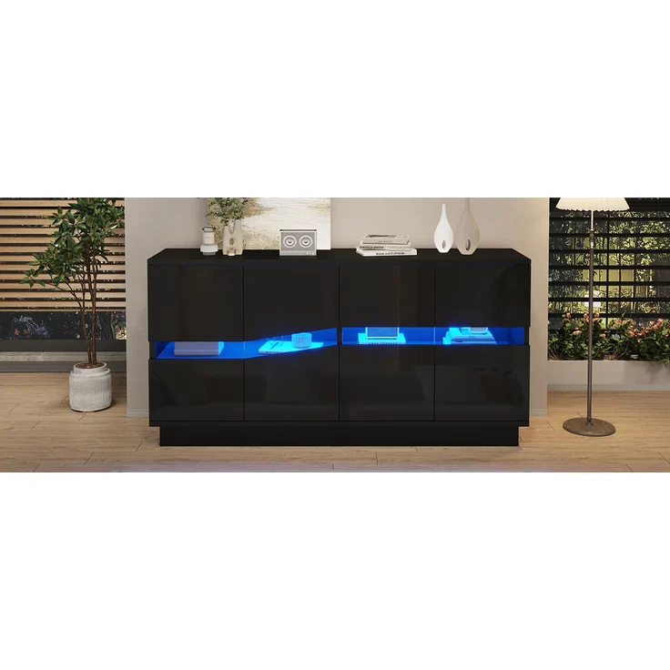 ZUBALIYA Sideboard 140x35x70 cm, mit LED-Beleuchtung, Hochglanz, mit 4 Türen, aus Spanplatte, Schwarz – Bild 20