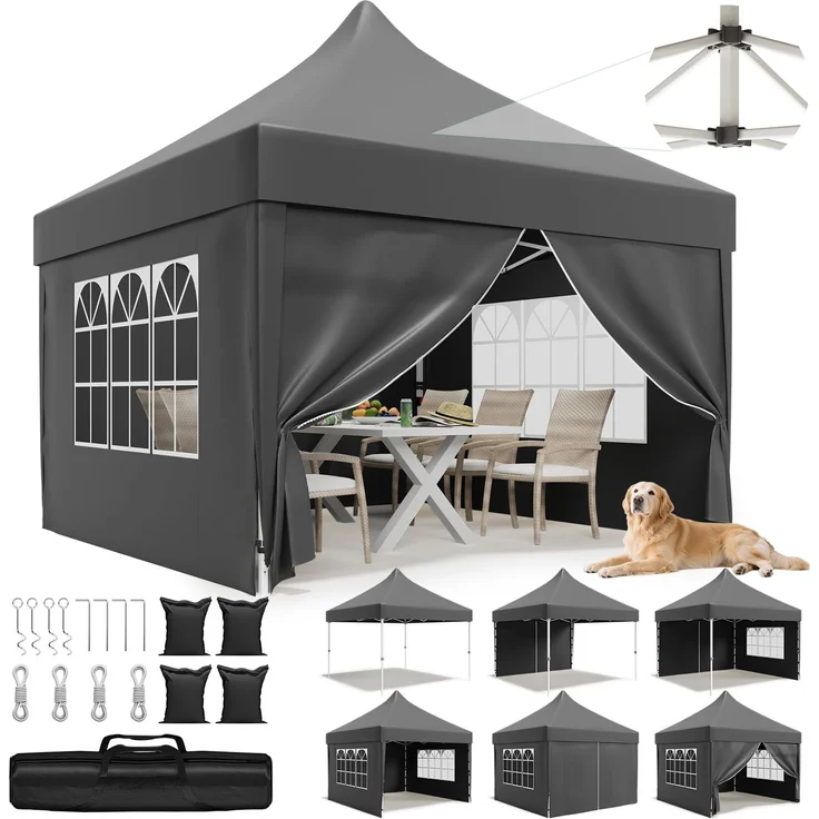 JUMMICO Faltpavillon 3x3 mit Hoher Spitze, um 60% Verbesserte Regenschutzleistung. UV 50+, Pavillon 3x3 Wasserdicht Stabil Winterfest, Shelter mit seitenwänden, für Garten und Camping, Dunkelgrau