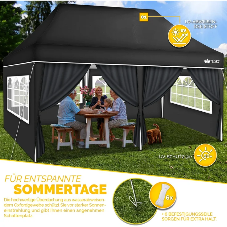 tillvex Pavillon 3x6m - mit 6 Seitenwänden Schwarz wasserdicht | Pop-Up Faltpavillon höhenverstellbar | Gartenzelt UV Schutz 50+ | Partyzelt mit Tasche für Garten – Bild 8
