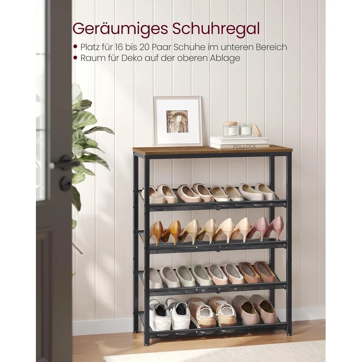 Vasagle 'LBSDE038K01' Schuhregal 5-stöckig, honigbraun-tintenschwarz, 28 x 75 x 93 cm – Bild 4