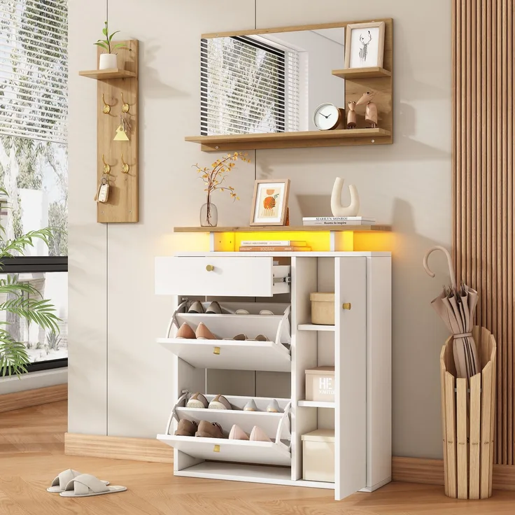 Flur Garderoben-Set, 3-teilig mit Spiegel, Hutablage und Schuhschrank: Garderobenständer mit LED-Beleuchtung, 4 Kleiderhaken, in Natur und Weiß, Maße 105 x 25 x 151.5 cm