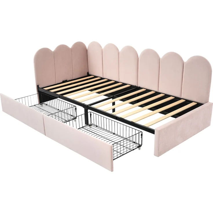 Tagesbett 90x200 cm Rosa Samt mit 2 Schubladen, Schlafsofa mit Stauraum, Polsterbett für Kinderzimmer & Gästezimmer – Bild 10
