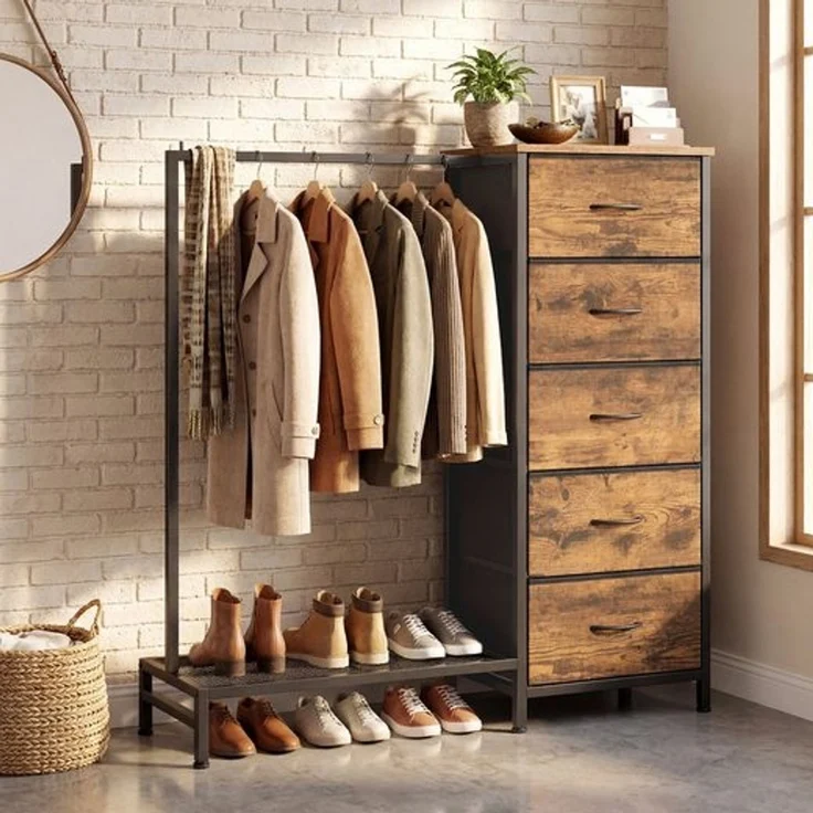 SONGMICS 3-in-1 Garderobenständer mit 5 Schubladen und Kleiderstange, 96,2 x 30 x 117,7 cm, Tan – Bild 3