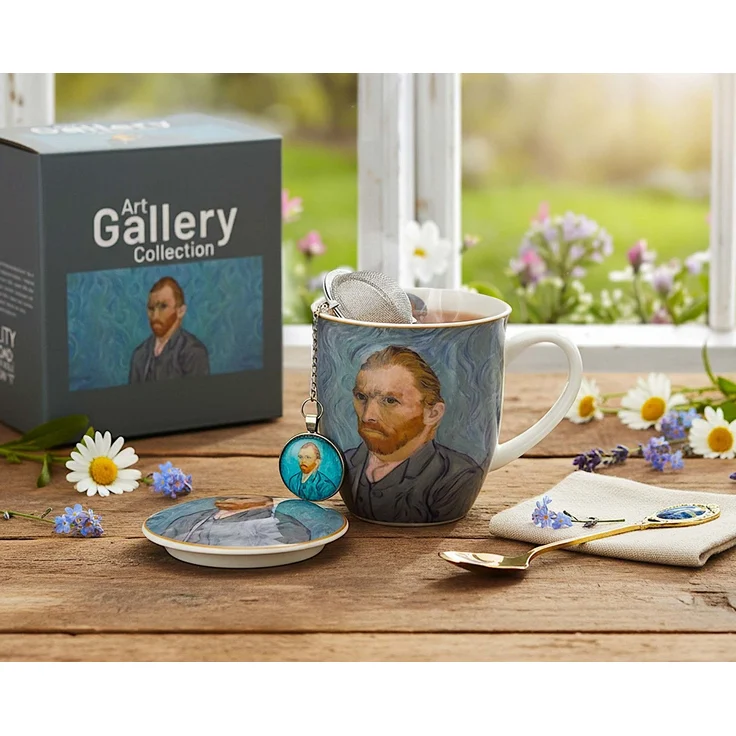 DUO ART GALLERY Becher 400 ml mit Teesieb PORTRAIT OF Van Gogh, New Bone China Porzellan – Bild 7