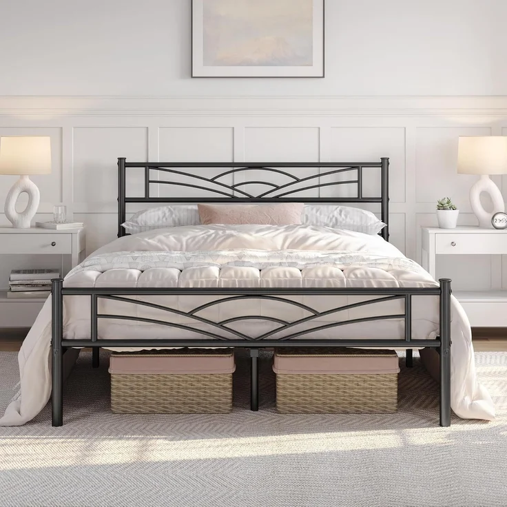 Yaheetech Metallbett mit Lattenrost, Wolkenmuster, Schwarz, 140x200 cm – Bild 1