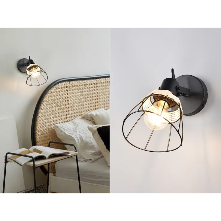 Wandstrahler JEROME mit Schalter & Gitter Lampenschirm Rattan, Breite 14cm