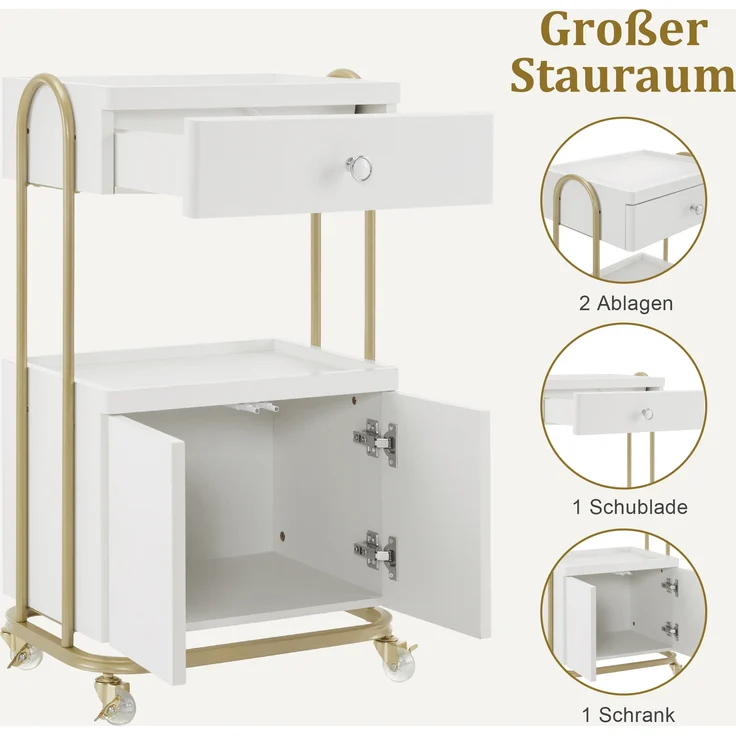 M MCombo Servierwagen mit Rollen & Schublade, Rollwagen Friseurwagen Weiß-Gold, Salon Trolley mit 2 Ablagen und Schrank, 0086 – Bild 4