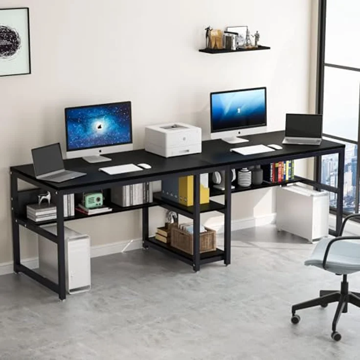 LITTLE TREE Schreibtisch Computertisch 200 x 75 x 60 cm, großer Schreibtisch aus Industriell Holz und Metall als Bürotisch Arbeitstisch für 2 Personen, ideal für Homeoffice Gaming, Schwarz – Bild 2