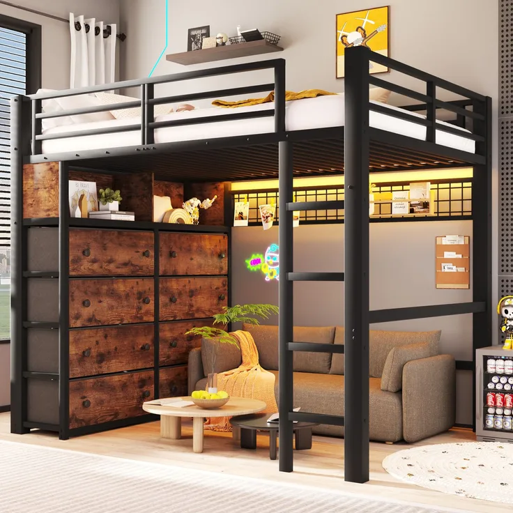 U-life Metall-Hochbett 140x200 cm mit 8 Schubladen, LED-Beleuchtung, Regalen, Lochwand und Lattenrost, Schwarz