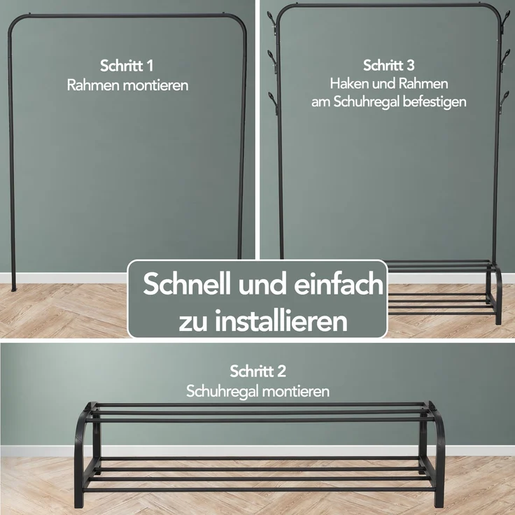 Brixy Garderobenständer - Garderobenständer - 102x34x152cm - Garderobenständer Mit Schuhregal - Industriell - Metall - Schwarz – Bild 7
