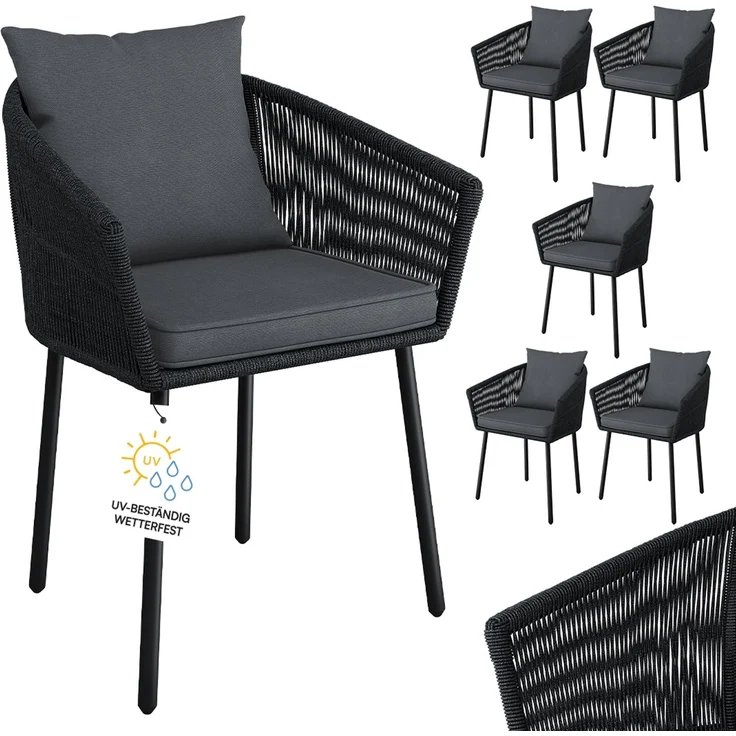 STEELSØN 'Nair' Polyrattan Gartenstuhl, 6er-Set, schwarz, wetterfest & UV-beständig, Balkonstühle bis 160 kg belastbar, Gartensessel inkl. Kissen – Bild 1