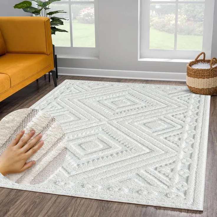Teppich Wohnzimmer Hochflor - 120x170cm - Einfarbig - Pastell Creme - Boho - Modern Raute Muster- Skandinavisch Flauschig Weich - Schlafzimmer