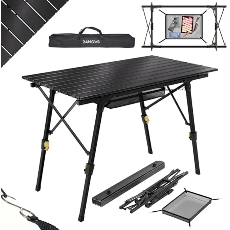 24Move Klapptisch Tisch für Camping und Garten,Klapptisch aus Aluminium (bis 30kg schwarz, inkl. Tasche), Tischplatte faltbar, Aluminiumrahmen höhenverstellbar